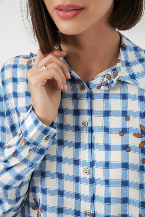 Kadın Desenli Oversize Viskon Gömlek 20371 - Mavi