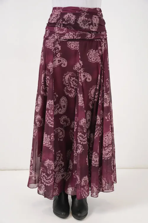Kadın Desenli Şifon Etek 8057 - Bordo