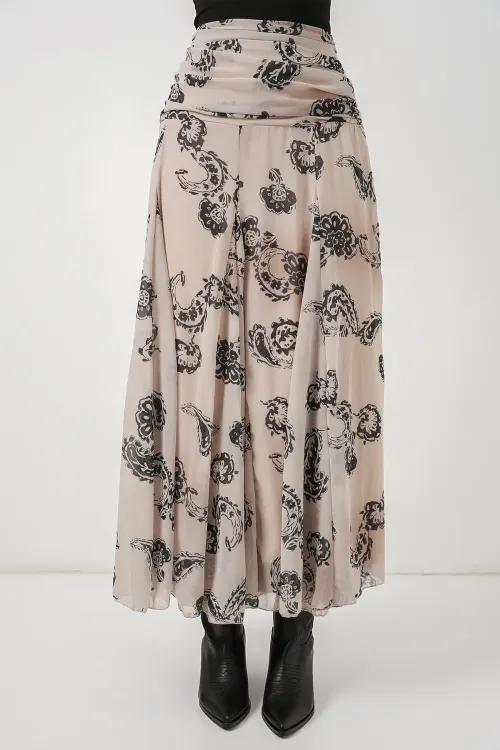 Kadın Desenli Şifon Etek 8057 - Krem