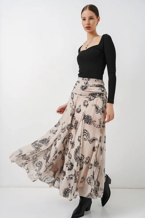 Kadın Desenli Şifon Etek 8057 - Krem