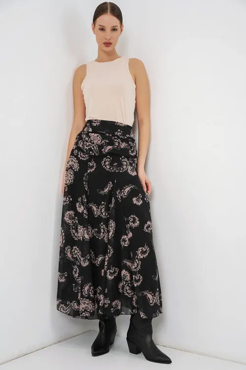 Kadın Desenli Şifon Etek 8057 - Siyah