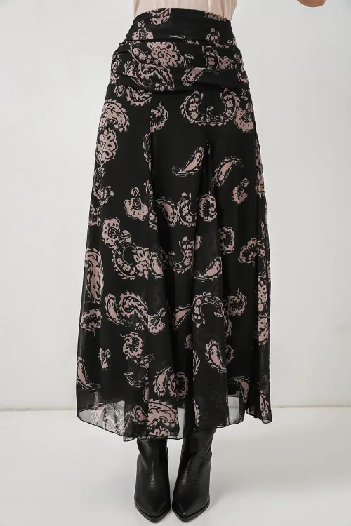 Kadın Desenli Şifon Etek 8057 - Siyah