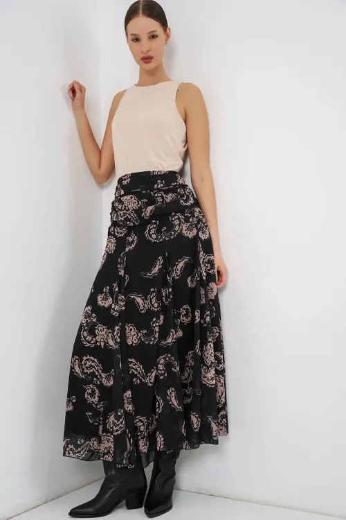 Kadın Desenli Şifon Etek 8057 - Siyah