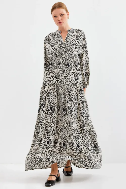 Kadın Desenli Siyah  Viskon Tesettür Elbise 2423