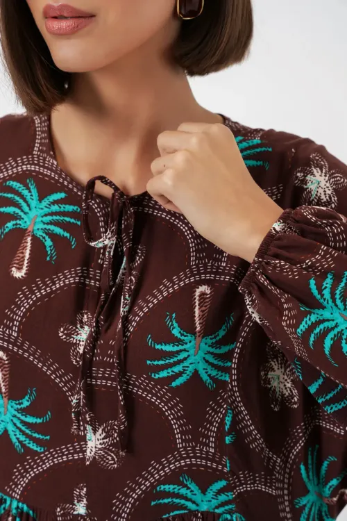 Kadın Desenli Tesettür Elbise 2594 - Kahverengi