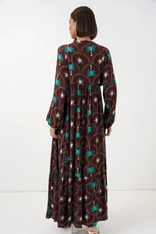 Kadın Desenli Tesettür Elbise 2594 - Kahverengi