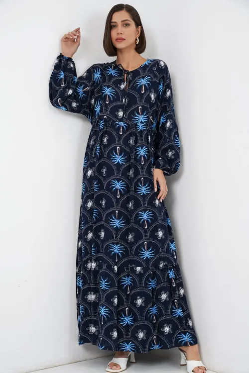 Kadın Desenli Tesettür Elbise 2594 - Lacivert