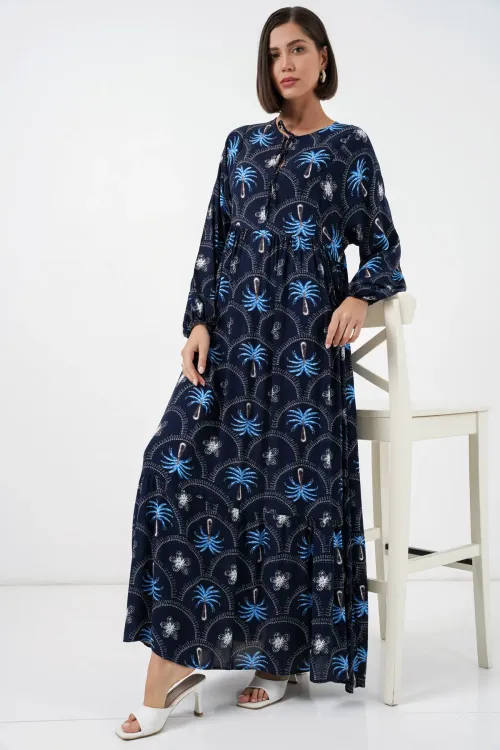 Kadın Desenli Tesettür Elbise 2594 - Lacivert