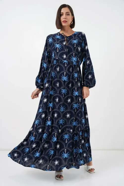 Kadın Desenli Tesettür Elbise 2594 - Lacivert