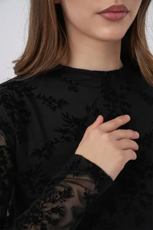 Kadın Desenli Uzun Kol Bluz 983 - Siyah