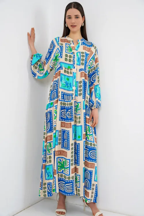 Kadın Desenli Uzun Tesettür Elbise 2585 - A. Turkuaz