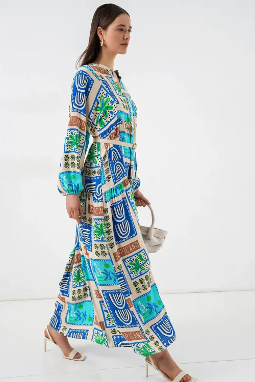 Kadın Desenli Uzun Tesettür Elbise 2585 - A. Turkuaz