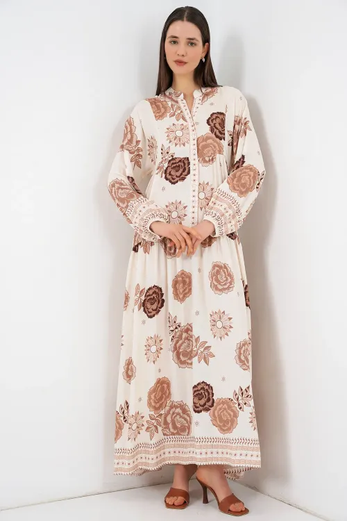 Kadın Desenli Uzun Tesettür Elbise 2585 - A.Bej