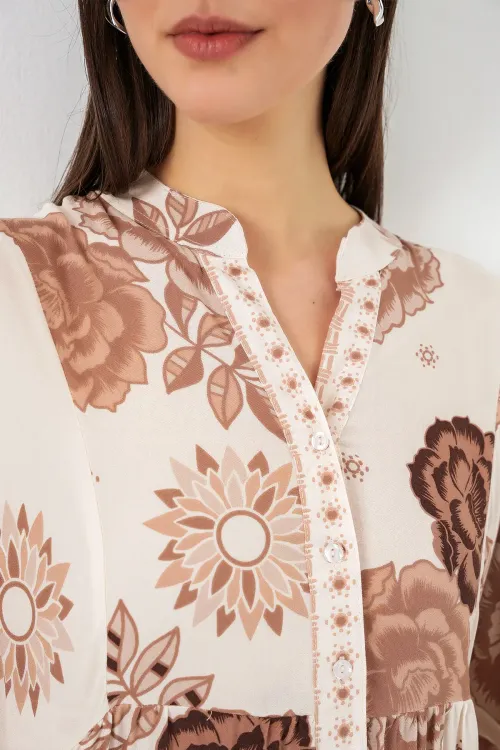 Kadın Desenli Uzun Tesettür Elbise 2585 - A.Bej