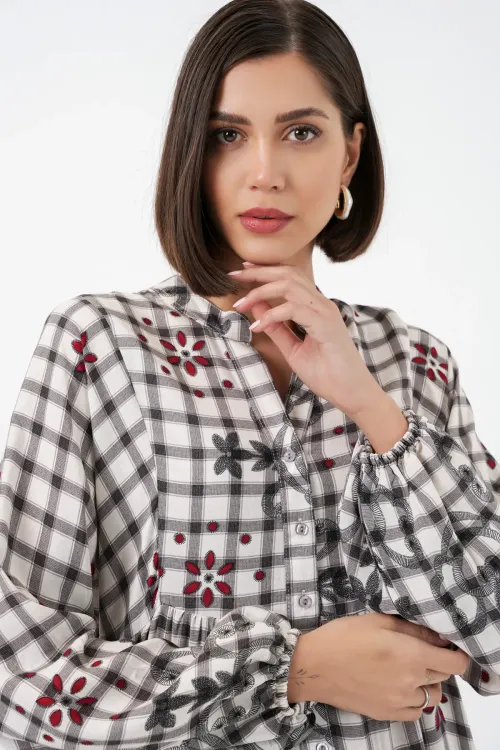 Kadın Desenli Uzun Tesettür Elbise 2585 - A.Gri