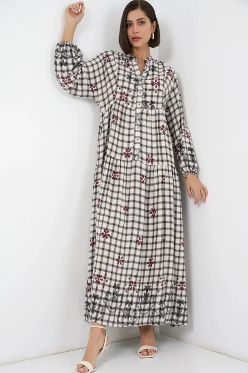 Kadın Desenli Uzun Tesettür Elbise 2585 - A.Gri