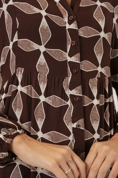 Kadın Desenli Uzun Tesettür Elbise 2585 - A.Kahve