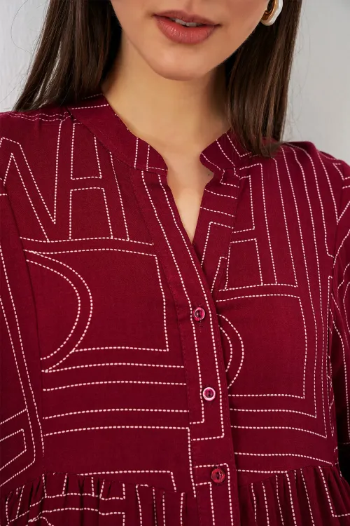 Kadın Desenli Uzun Tesettür Elbise 2585 - B. Bordo