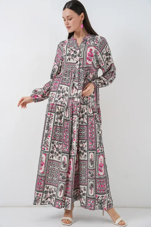 Kadın Desenli Uzun Tesettür Elbise 2585 - B. Fuşya