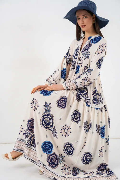 Kadın Desenli Uzun Tesettür Elbise 2585 - B.Lacivert