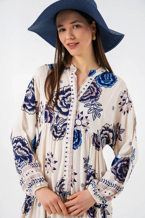 Kadın Desenli Uzun Tesettür Elbise 2585 - B.Lacivert