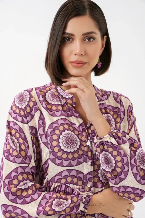 Kadın Desenli Uzun Tesettür Elbise 2585 - B.Lila