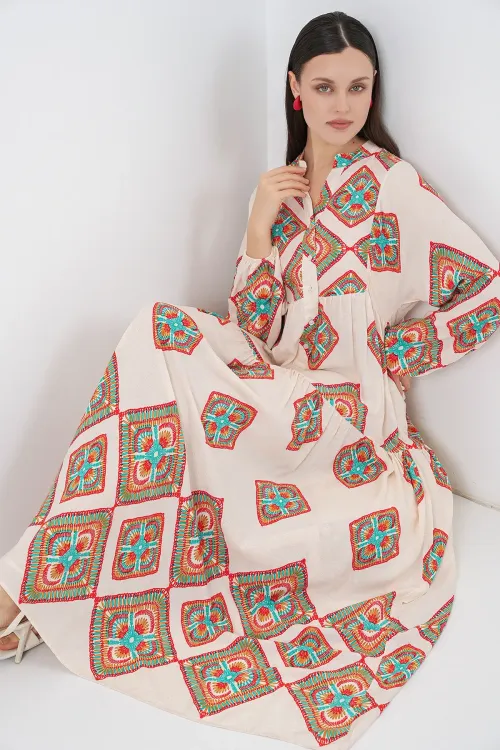 Kadın Desenli Uzun Tesettür Elbise 2585 - Bej