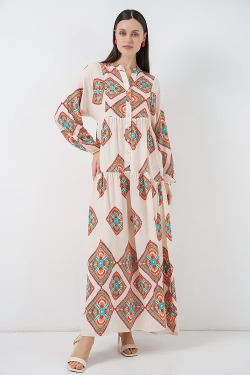 Kadın Desenli Uzun Tesettür Elbise 2585 - Bej