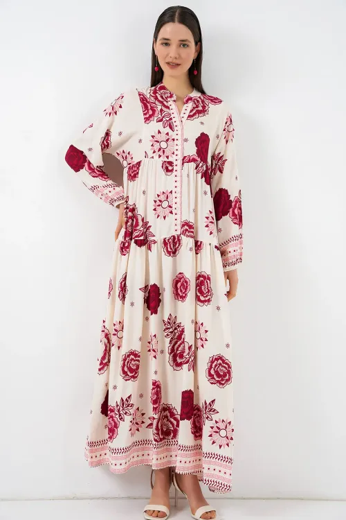 Kadın Desenli Uzun Tesettür Elbise 2585 - Bordo 1