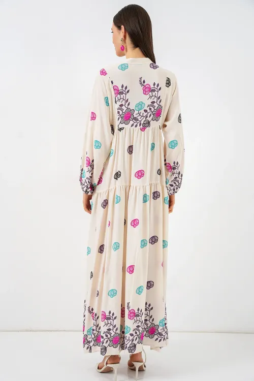 Kadın Desenli Uzun Tesettür Elbise 2585 - C. Fuşya