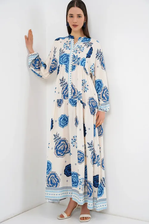 Kadın Desenli Uzun Tesettür Elbise 2585 - C.Saks