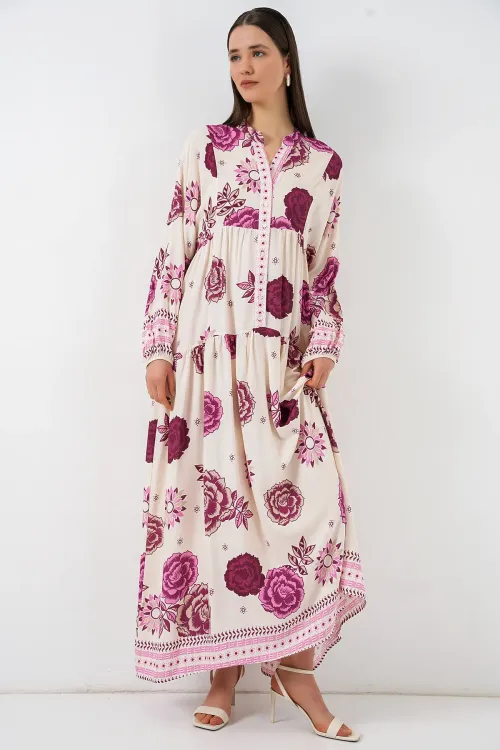 Kadın Desenli Uzun Tesettür Elbise 2585 - D. Fuşya