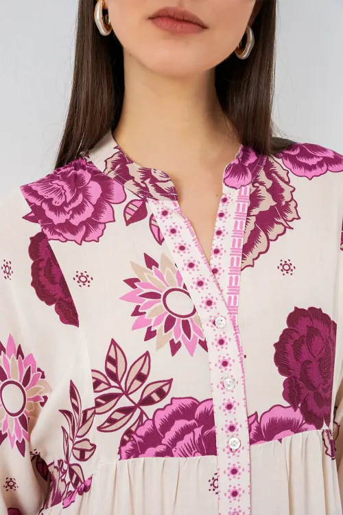 Kadın Desenli Uzun Tesettür Elbise 2585 - D. Fuşya