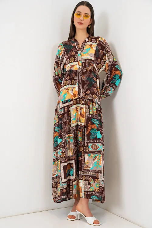 Kadın Desenli Uzun Tesettür Elbise 2585 - D.Kahve