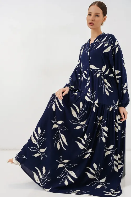 Kadın Desenli Uzun Tesettür Elbise 2585 - D.Lacivert