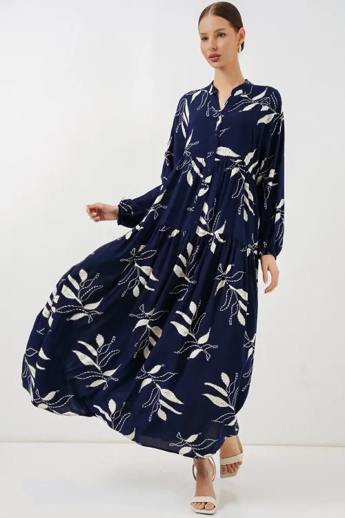 Kadın Desenli Uzun Tesettür Elbise 2585 - D.Lacivert