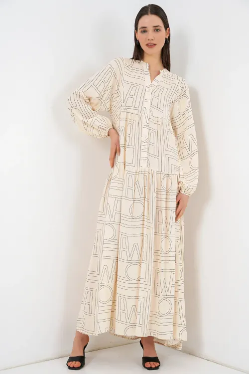 Kadın Desenli Uzun Tesettür Elbise 2585 - Düz Krem