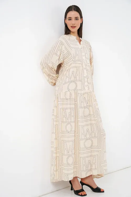 Kadın Desenli Uzun Tesettür Elbise 2585 - Düz Krem