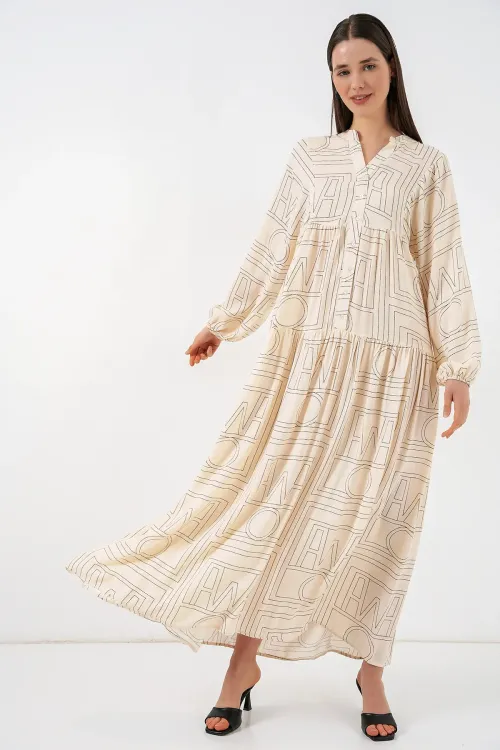 Kadın Desenli Uzun Tesettür Elbise 2585 - Düz Krem