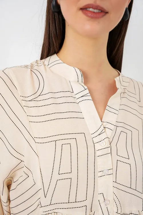 Kadın Desenli Uzun Tesettür Elbise 2585 - Düz Krem