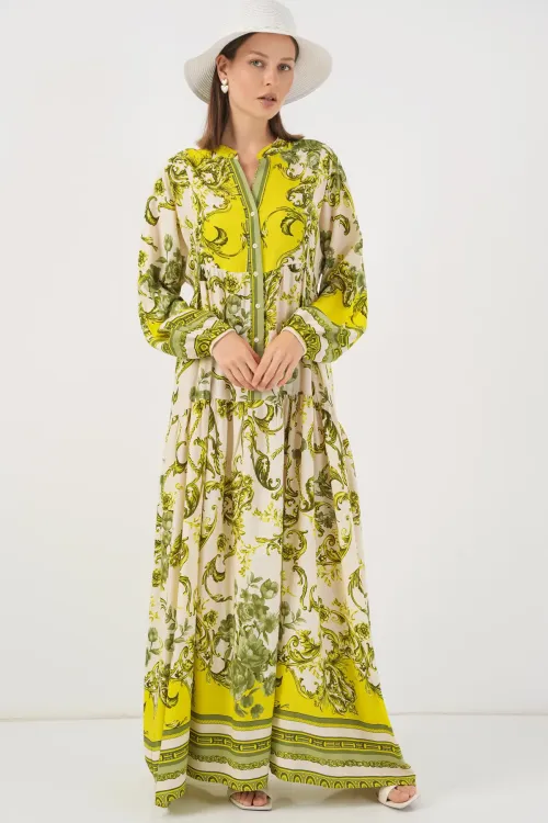 Kadın Desenli Uzun Tesettür Elbise 2585 - E.Yeşil