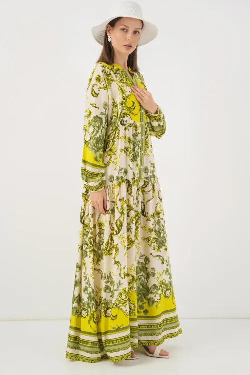 Kadın Desenli Uzun Tesettür Elbise 2585 - E.Yeşil