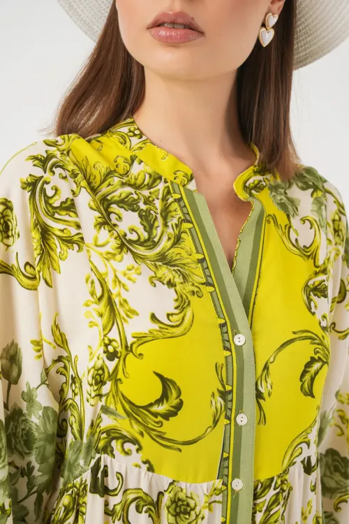 Kadın Desenli Uzun Tesettür Elbise 2585 - E.Yeşil