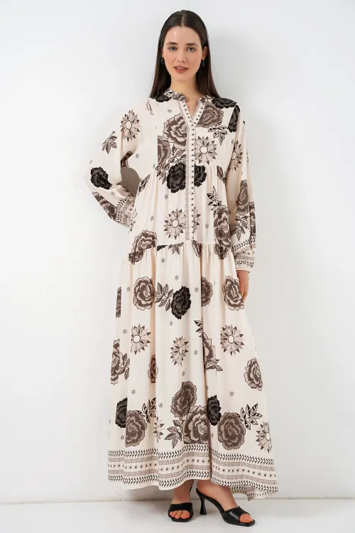 Kadın Desenli Uzun Tesettür Elbise 2585 - F.Bej