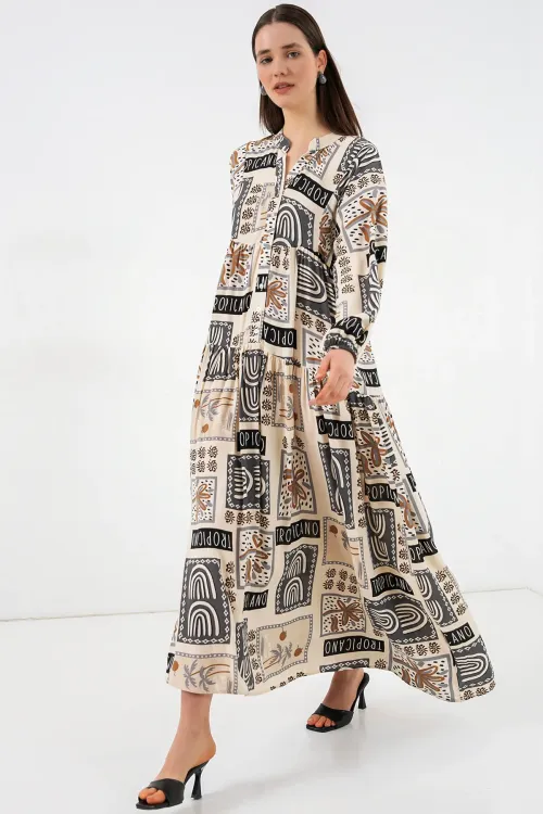 Kadın Desenli Uzun Tesettür Elbise 2585 - K. Bej