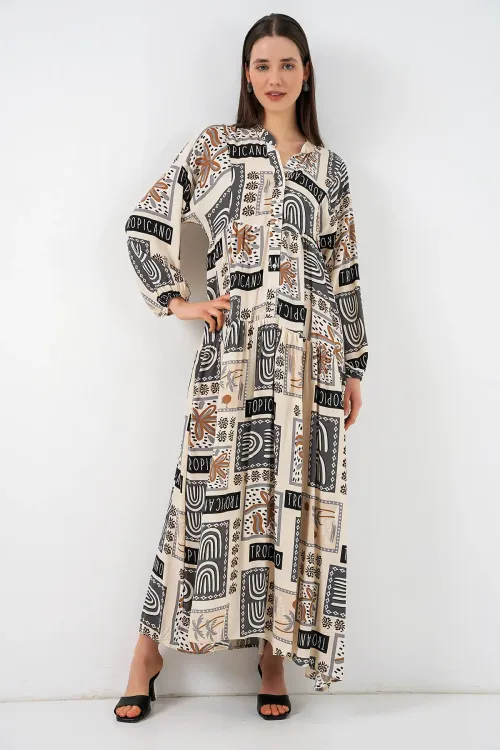 Kadın Desenli Uzun Tesettür Elbise 2585 - K. Bej