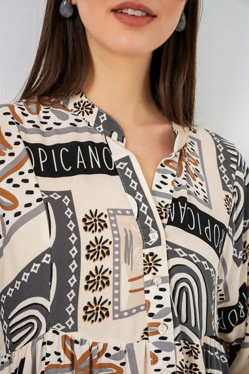 Kadın Desenli Uzun Tesettür Elbise 2585 - K. Bej