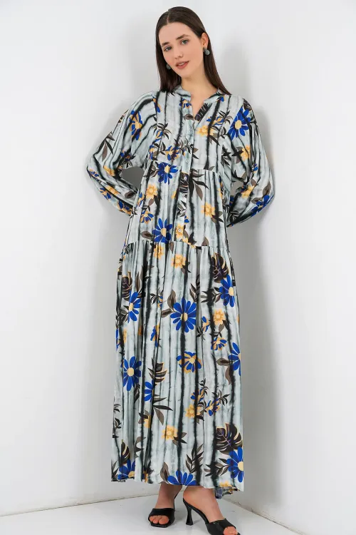 Kadın Desenli Uzun Tesettür Elbise 2585 - Koyu Gri