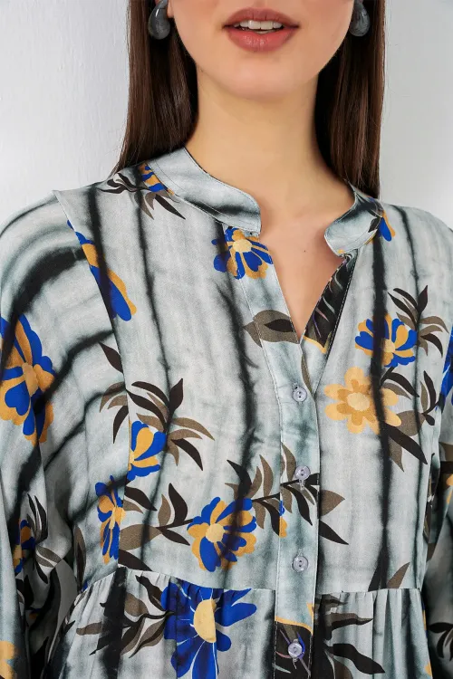 Kadın Desenli Uzun Tesettür Elbise 2585 - Koyu Gri