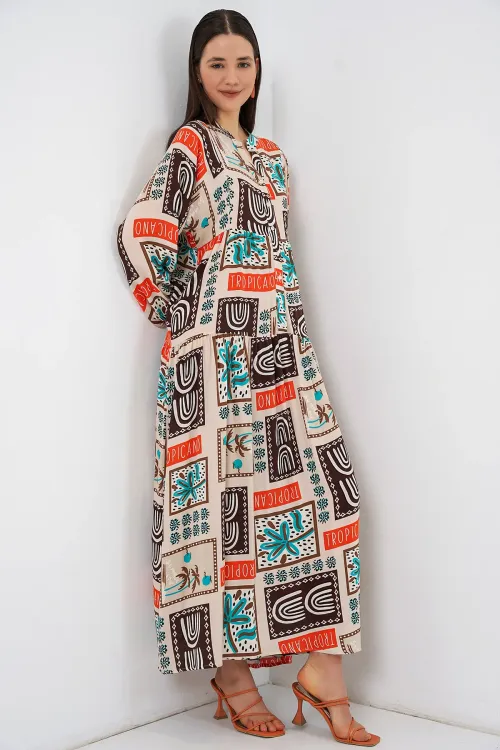 Kadın Desenli Uzun Tesettür Elbise 2585 - Koyu Kahve